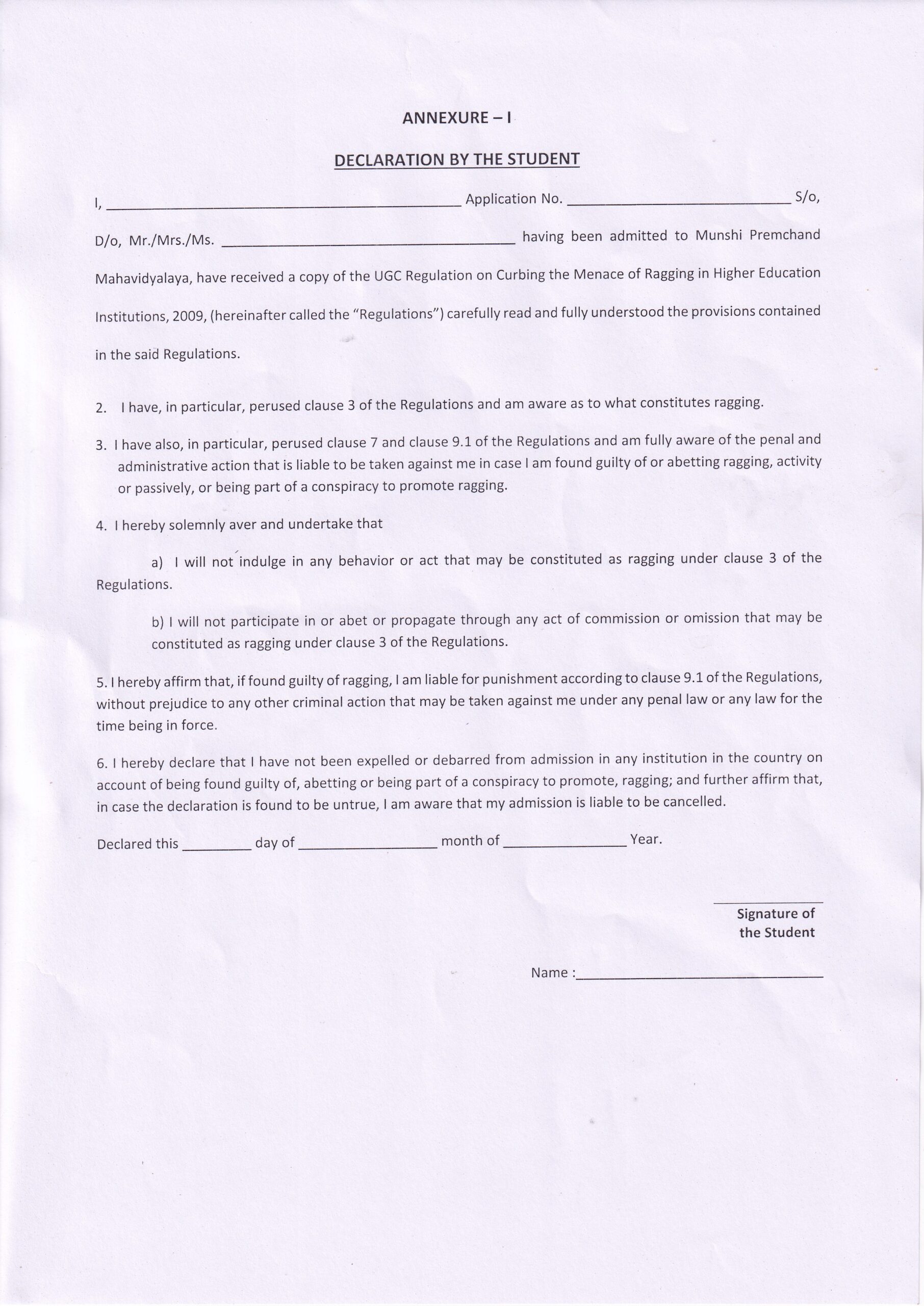 Anti Ragging Consent Form Anti ragging declaration form for Admission for the session 2025-2026 ...