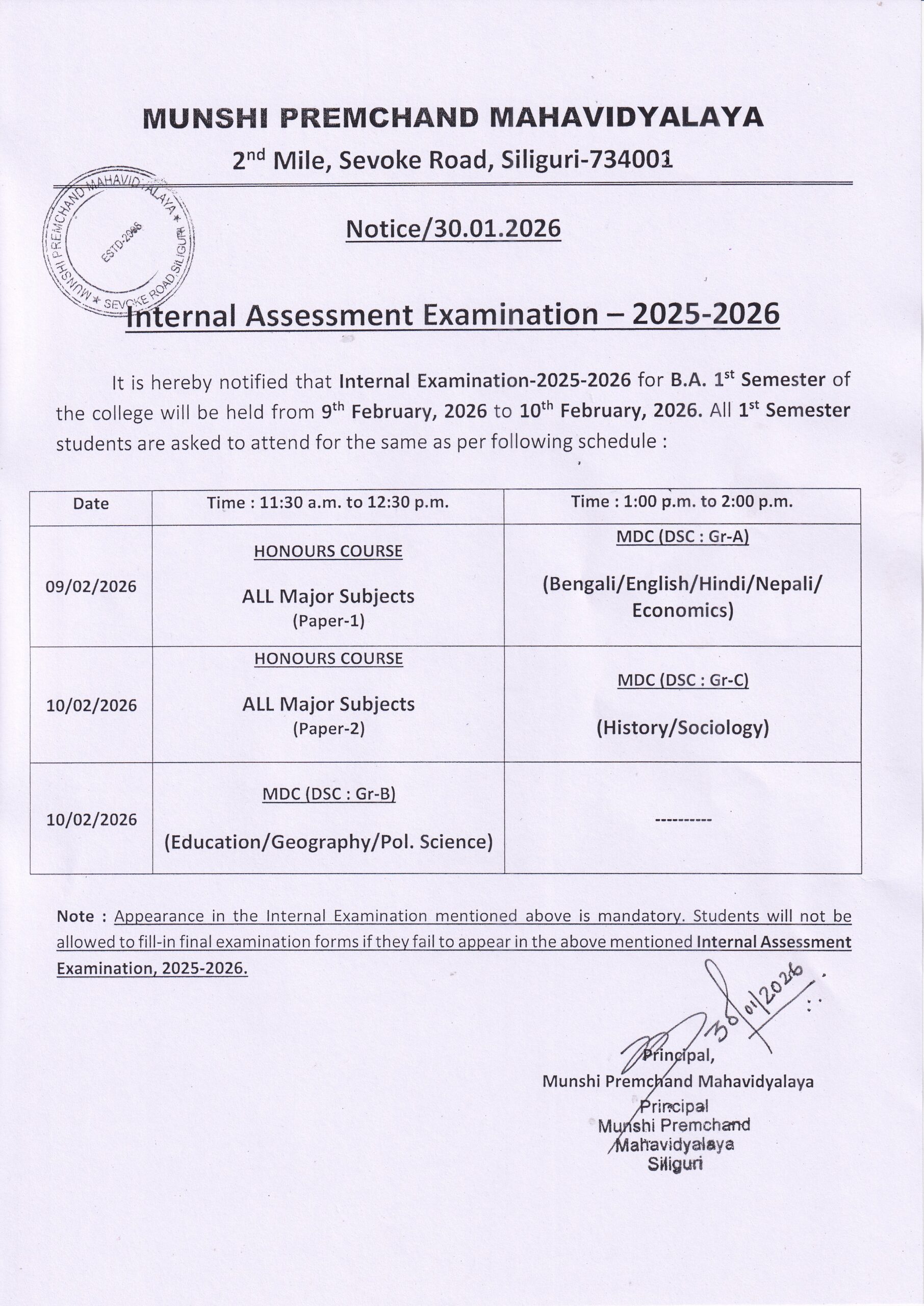 Notice for Internal Assessment Examination 2025-2026 – Munshi Premchand ...